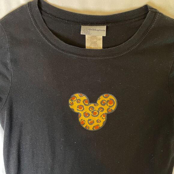 Disney Girl's Size L Mickey Tee Black with Leopard Short Sleeve Round Neck - Picture 2 of 7